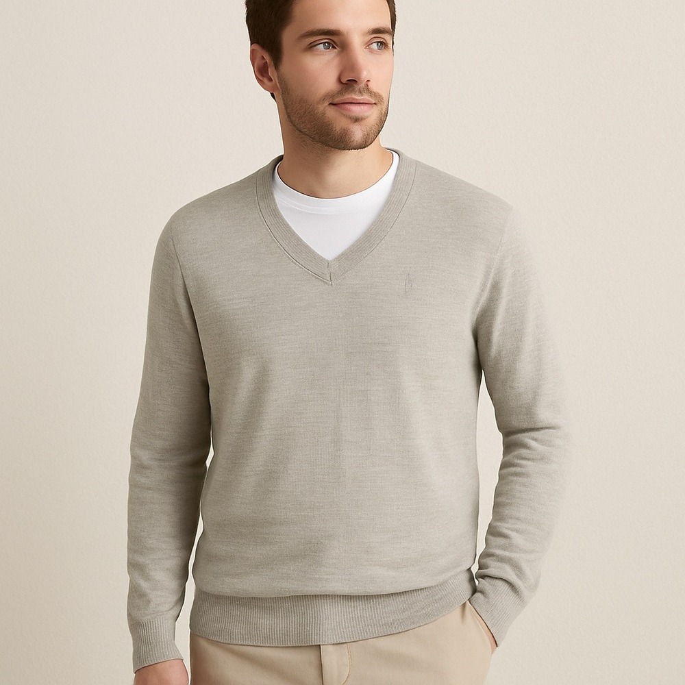 Express Men's Merino Wool Blend Sweater L Gray V-Neck‎ Lightweight Long Sleeve